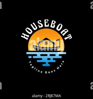 Logo House Boat, casa su una barca con tramonto su una calma ispirazione dal design vettoriale oceanico Illustrazione Vettoriale