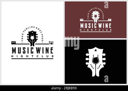 Concerto di musica dal vivo per chitarra con bicchiere di vino per Bar Cafe Restaurant Nightclub con logo Vintage Label Illustrazione Vettoriale