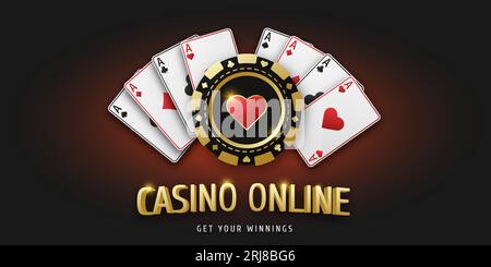 Casinò online. Gettone da gioco con cuori completi. Giocando realisticamente a chip Heart e giocando a carte ACE di tutti i seme. Banner per l'applicazione Web o il sito Web. Concetto p Illustrazione Vettoriale