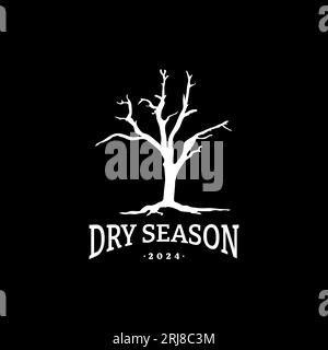 Dry Tree Without Leaves per il logo Dry Season su sfondo nero Illustrazione Vettoriale