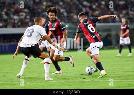 Bologna, Italia. 21 agosto 2023. Riprese di Nikola Moro di Bologna durante la partita di Bologna FC vs AC Milan, serie A di calcio italiano a Bologna, 21 agosto 2023 crediti: Agenzia fotografica indipendente/Alamy Live News Foto Stock