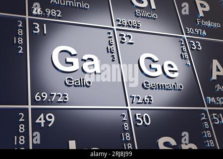 Gli elementi Gallium e Germanio sulla tavola periodica in spagnolo. illustrazione 3d. Foto Stock