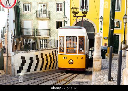 LISBONA PORTOGALLO; 08/21/2023, vista sull'Elevador da Bica, o Ascensor de Bica, è una funicolare situata sulla Rua da Bica a Belo Duarte a Lisbona Foto Stock