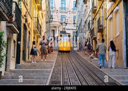 LISBONA PORTOGALLO; 08/21/2023, vista sull'Elevador da Bica, o Ascensor de Bica, è una funicolare situata sulla Rua da Bica a Belo Duarte a Lisbona Foto Stock