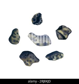 Set di asteroidi acquerelli. Illustrazione COSMOS disegnata a mano isolata su bianco. Grigio pietra e nero. Steroidi spaziali, decorazioni in stile cosmo Foto Stock
