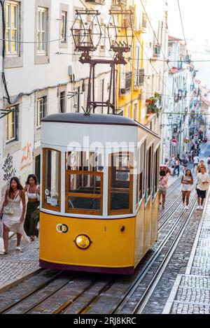 LISBONA PORTOGALLO; 08/21/2023, vista sull'Elevador da Bica, o Ascensor de Bica, è una funicolare situata sulla Rua da Bica a Belo Duarte a Lisbona Foto Stock