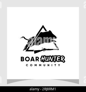 Maiale di cinghiale e fucile per il logo Jungle Hunter. Pig Hunt Logo Design Inspiration Vector Illustrazione Vettoriale