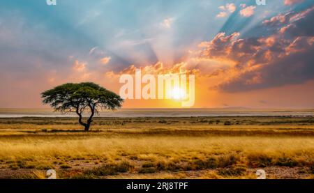 singolo albero di acacia nella savana al tramonto, solitudine nell'erba selvaggia e secca in primo piano Foto Stock