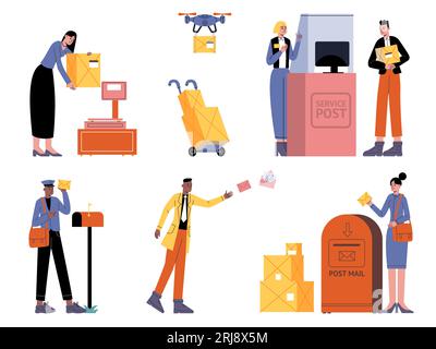 Persone nell'ufficio postale. Visitatori e dipendenti del servizio statale per l'invio di lettere o pacchi. Lavoratori in uniforme. Spedizione di buste. Corrispondenza Illustrazione Vettoriale