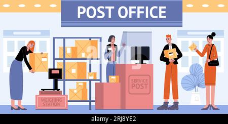 Persone nell'ufficio postale. Dipendenti e visitatori del servizio di consegna della posta. Calcolo dei costi. Spedizione di lettere e pacchi. Scatole di pesatura su bilance Illustrazione Vettoriale