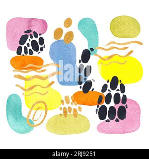 Acquerello macchie astratte disegnate a mano. Macchie colorate, strisce dorate e schizzi di animali neri su sfondo bianco. Illustrazione astratta per la CA. Di progettazione Foto Stock
