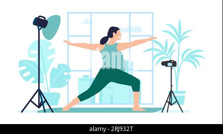 Una donna incinta conduce una lezione di yoga online da casa. Allenamento di gravidanza. Donna che fa esercizi di fitness sul tappetino. Registrazione del video di formazione per il corso Illustrazione Vettoriale