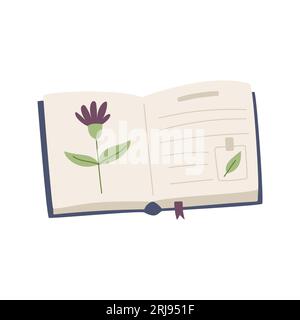 Libro aperto, erbario con fiore, adesivo e segnalibro. Enciclopedia con botanica. Elemento decorativo vettoriale piatto dei cartoni animati isolato su una b bianca Illustrazione Vettoriale