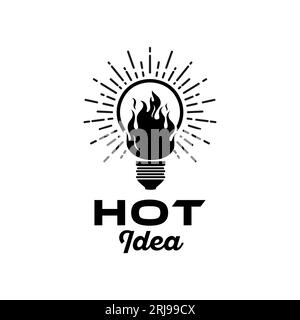 Design del logo lampadina e fiamma, modello del logo Hot idea Illustrazione Vettoriale