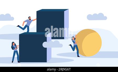 Business uomo d'affari e donna d'affari concetto strategia concorrente obiettivo vettore con sfera e cubo. Efficienza di leadership migliore spostare palla o scatola Illustrazione Vettoriale