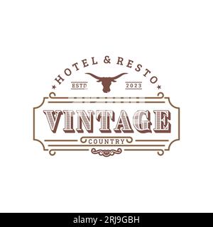 Emblema vintage per bar o ristorante vintage con logo icona Long Horn ispirato al design Illustrazione Vettoriale