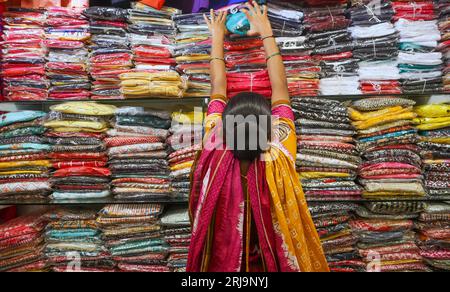 Margao, South Goa, India. 22 agosto 2023. Vicoli stretti che vendono qualsiasi cosa immaginabile nel vivace e colorato mercato della città di Margao, India meridionale.Paul Quezada-Neiman/Alamy Live News Credit: Paul Quezada-Neiman/Alamy Live News Foto Stock