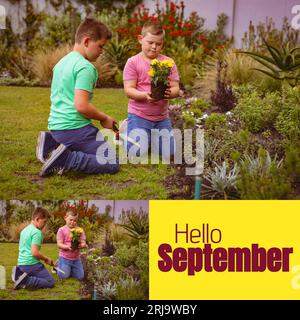 Composito di testo ciao settembre su ragazzi caucasici in giardino Foto Stock