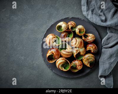 piatto di lumache di escargot al forno ripiene di prezzemolo e burro all'aglio su sfondo grigio, vista dall'alto Foto Stock