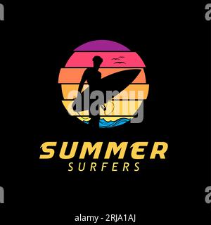 logo surfer silhouette al tramonto Illustrazione Vettoriale