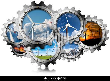 Gruppo di ingranaggi metallici (ruote dentate) con turbine eoliche all'interno, isolati su sfondo bianco, fotografie e illustrazione 3d. Concetto di energia rinnovabile. Foto Stock