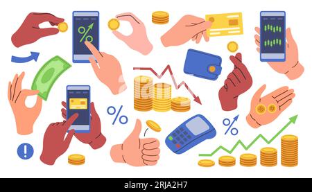 Mani che tengono i soldi a posto. Armi con monete, banconote, carte bancarie, pagamento, conteggio, dare valuta. Finanziare la progettazione piatta. Illustrazione Vettoriale