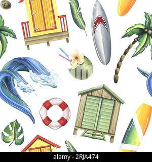 Cabine sulla spiaggia, tavole da surf, palme, fiori, noci di cocco, wave. Illustrazione acquerello disegnata a mano. Motivo senza cuciture su sfondo bianco. Foto Stock