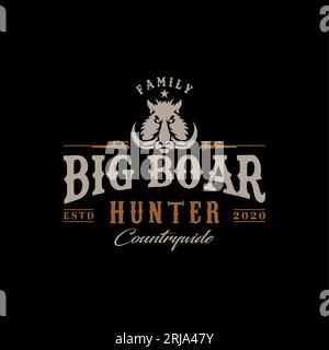 Boar Hunter, il logo vintage della comunità dei cacciatori, a caccia nella foresta Illustrazione Vettoriale