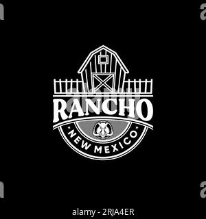 Logo vintage Line Art Barn o Farm con modello di design Hog Pig Illustrazione Vettoriale