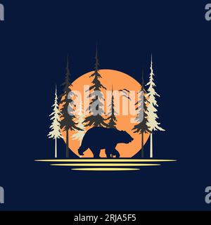Orso che cammina di notte con sfondo Full Moon per il logo Wild Nature Illustrazione Vettoriale