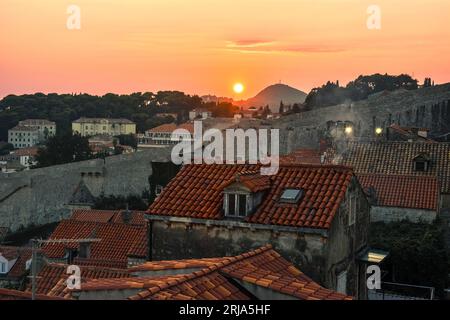 Magical Sunset Over the Roofs of Dubrovnik - Croatia Stock Photo