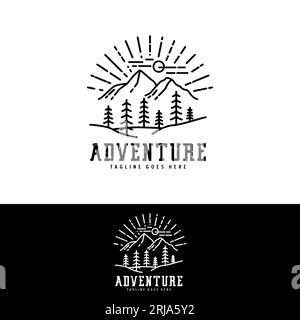 Stemma natura della foresta montana, logo Hipster Pine Evergreen Tree per Outdoor Adventure Club Illustrazione Vettoriale