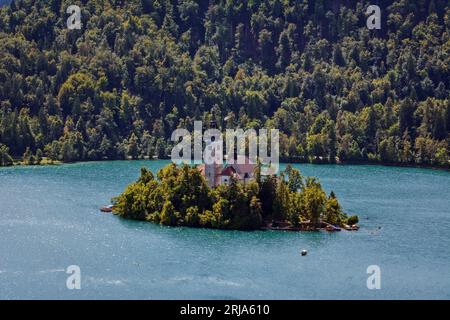 High Angle View of the Church of the Mother of God on Lake Bled - Slovenia Stock Photo