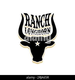 WESTERN Longhorn Bull Cow Buffalo Head silhouette con logo Ranch Livestock Illustrazione Vettoriale