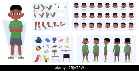 African American Boy Character Creation con gesti, espressioni facciali e pose diverse Illustrazione Vettoriale