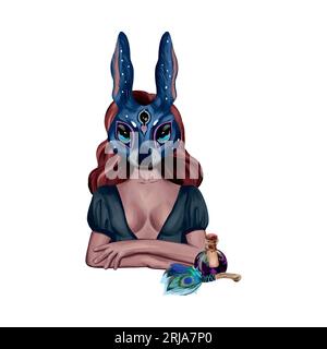 Una ragazza con una maschera lepre, una bottiglia di pozione e una scopa con una piuma di pavone. Halloween e illustrazione esoterica. Cartoline, striscioni, volantini. Illustrazione Vettoriale