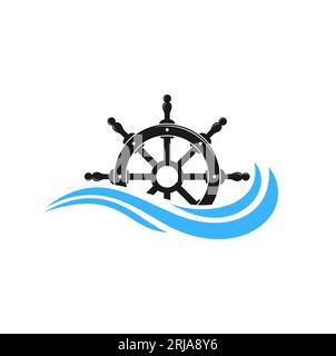 River Creek Water Mill, volante Vintage Ship Steering e logo Ocean Waves Illustrazione Vettoriale