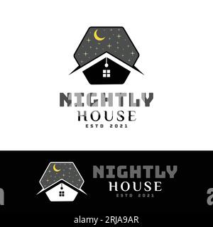 Night Hexagon House con logo Moon and Stars per hotel, alloggi, affitti e appartamenti Illustrazione Vettoriale