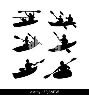Set di pedalate per barche da kayak, collezione di design ispirata al set di silhouette kayaker Illustrazione Vettoriale