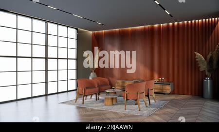 Lounge dell'hotel color albicocca con finestre e sedie che corrispondono al colore della sala d'attesa, rendering 3D. Foto Stock