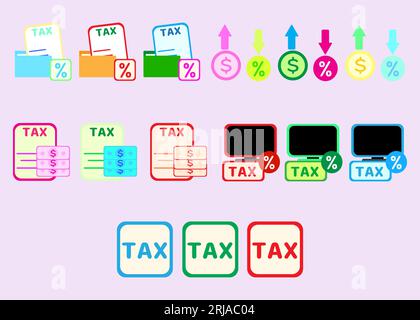 Icone di raccolta attiva per imposte, analisi e calcoli di idea fiscale. Set di imposte. Illustrazione Vettoriale