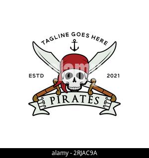 Teschio dei pirati con Crossing Swords, logo Vintage Boat Ship Sailor ispirato al design Illustrazione Vettoriale