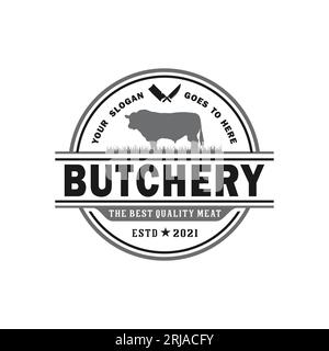 Retro Vintage Cattle , Angus , Beef Emblem etichetta logo design Vector Illustrazione Vettoriale