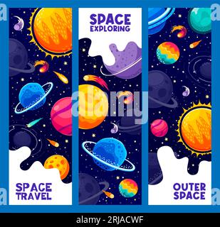 Banner esplorativi spaziali Galaxy. Sistema solare, pianeti galassici e stelle. Esplorazione astronomica, ricerca spaziale o vettore di scoperta universo verticale ba Illustrazione Vettoriale