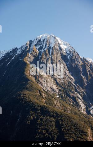 Mitre Peak, situato a Milford Sounds. Questa è una montagna con la neve sopra, piante e una linea di crinale che vi corre. Foto Stock