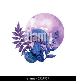 Funghi e foglie sullo sfondo della luna. Illustrazione vettoriale sul tema dell'esoterismo e di halloween. Biglietti d'auguri, inviti, copertine. Illustrazione Vettoriale
