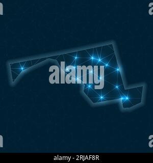 Mappa della rete del Maryland. Mappa geometrica astratta dello stato degli Stati Uniti. Progettazione di connessioni digitali e telecomunicazioni. Rete Internet luminosa. Illustrazione Vettoriale