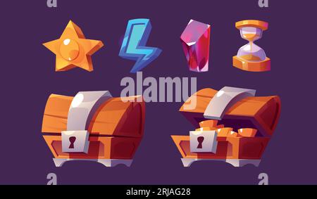 Serie di cartoni animati con icone dell'interfaccia utente di gioco isolate sullo sfondo. Illustrazione vettoriale di uno scrigno di legno aperto e chiuso con denaro, stella dorata, fulmine blu, clessidra. Simboli delle slot del casinò online Illustrazione Vettoriale