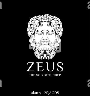 Zeus Face Vector Statua del vecchio Dio greco con il logo di barba e baffi Illustrazione Vettoriale