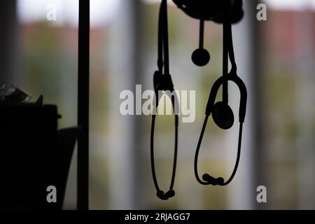 Berlino, Germania. 22 agosto 2023. Gli stetoscopi si appendono durante un appuntamento stampa presso uno studio ORL. Credito: Sebastian Christoph Gollnow/dpa/Alamy Live News Foto Stock